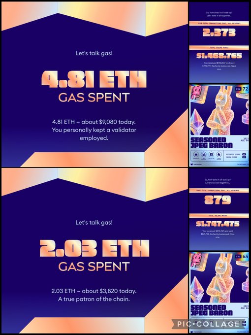 A Pic Collage displaying Ethereum gas usage statistics, showing '4.81 ETH GAS SPENT' (about $9,080) and '2.03 ETH GAS SPENT' (about $3,820), alongside total transaction counts and value, with a 'Seasoned JPEG Baron' NFT image.