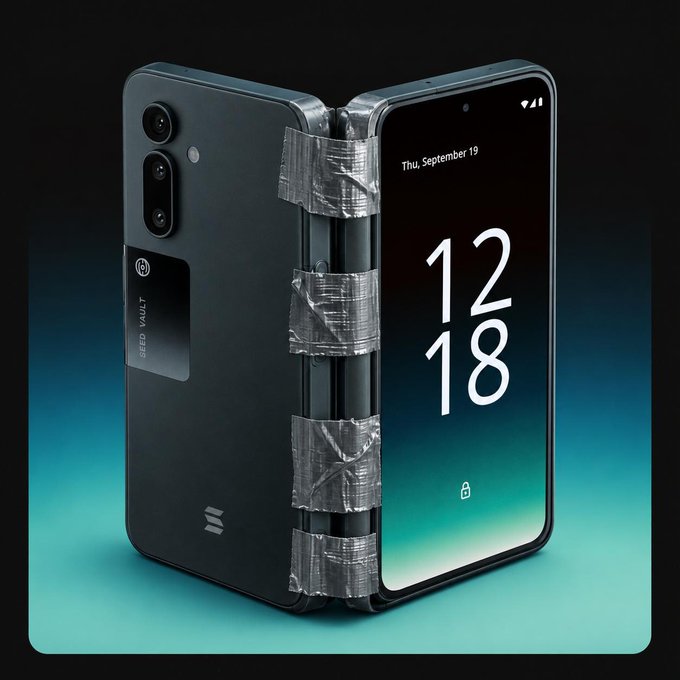A dark teal foldable smartphone branded 'SEED VAULT' is displayed partially unfolded with the hinge held together by silver duct tape, showing 'Thu, September 19' and '12 18' on its screen.