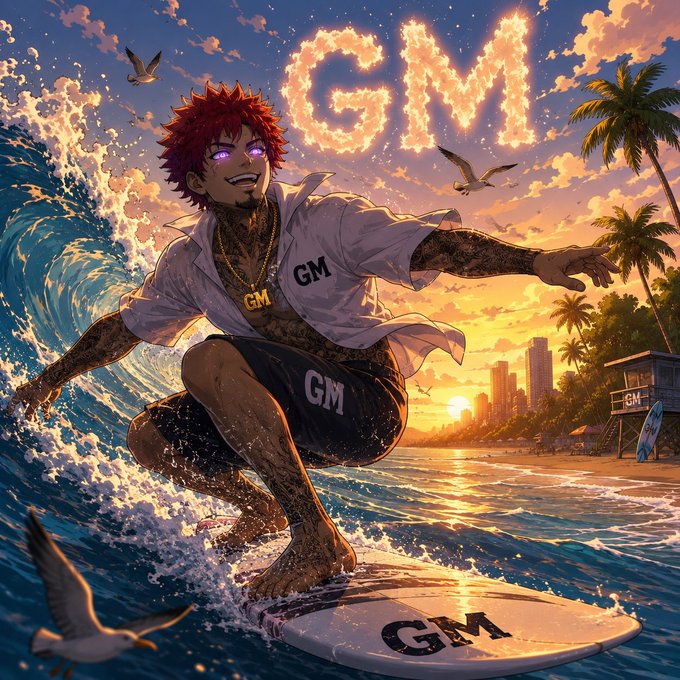 An anime-style surfer with red hair and glowing purple eyes rides a wave at sunset, with "GM" written in fiery clouds above and emblazoned on his shirt, shorts, gold chain, and surfboard—directly echoing the "GM GANG" post and its call for a morning greeting.

In the background, a lifeguard tower and a city skyline frame the tropical beach scene, while seagulls fly around the surfer, reinforcing the energetic, community-driven vibe of the post.