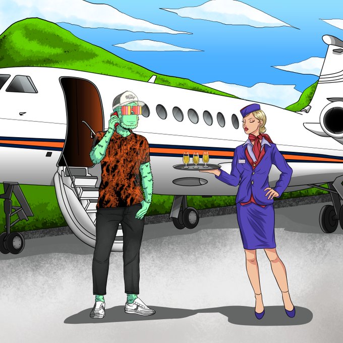 A cartoon illustration of a green-skinned character with a 'WIF' cap on a phone call, accompanied by a flight attendant holding a tray of champagne glasses next to a private jet.