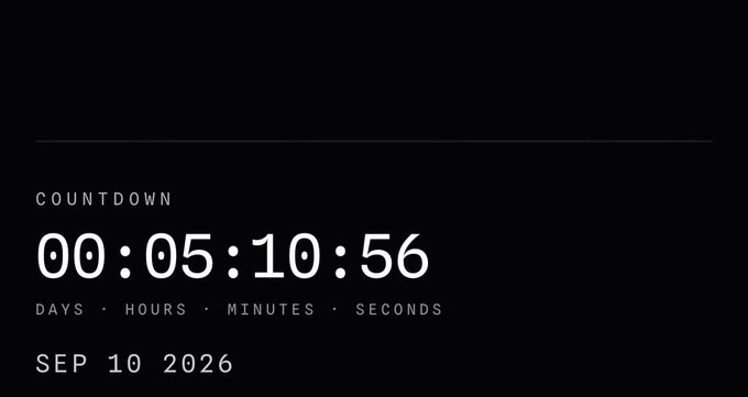 A minimalist black countdown timer showing 5 days, 10 hours, 10 minutes, and 56 seconds remaining until September 10, 2026.
