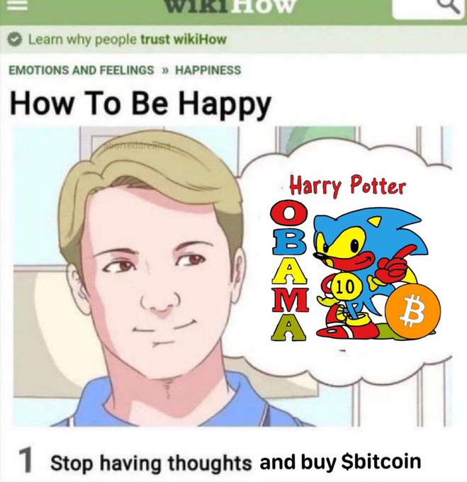 A satirical wikiHow article titled 'How To Be Happy' featuring an illustration of a man thinking about Harry Potter, Obama, Sonic, and Bitcoin, with the first step being 'Stop having thoughts and buy $bitcoin'.