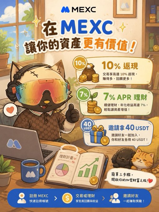 A promotional advertisement for MEXC exchange featuring an illustrated cat character wearing VR goggles, advertising 10% cashback on trades, 7% APR on financial products, and 40 USDT for inviting friends.