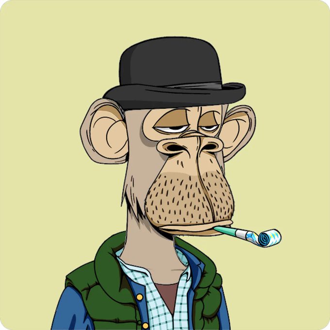 A similar cartoon ape character wearing a black bowler hat, green vest, and checkered shirt with a toothbrush in its mouth.