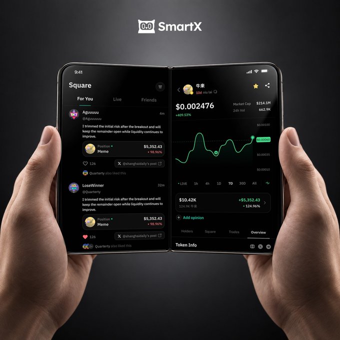 A 'SmartX' cryptocurrency app displayed on a foldable smartphone held by two hands, showing a token called '牛来' at $0.002476 with a 449% market cap change and social trading posts.