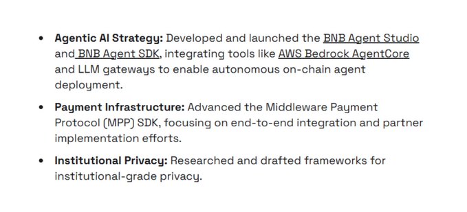 A text snippet detailing project accomplishments including 'Agentic AI Strategy' (BNB Agent Studio, BNB Agent SDK, AWS Bedrock AgentCore), 'Payment Infrastructure' (Middleware Payment Protocol), and 'Institutional Privacy'.