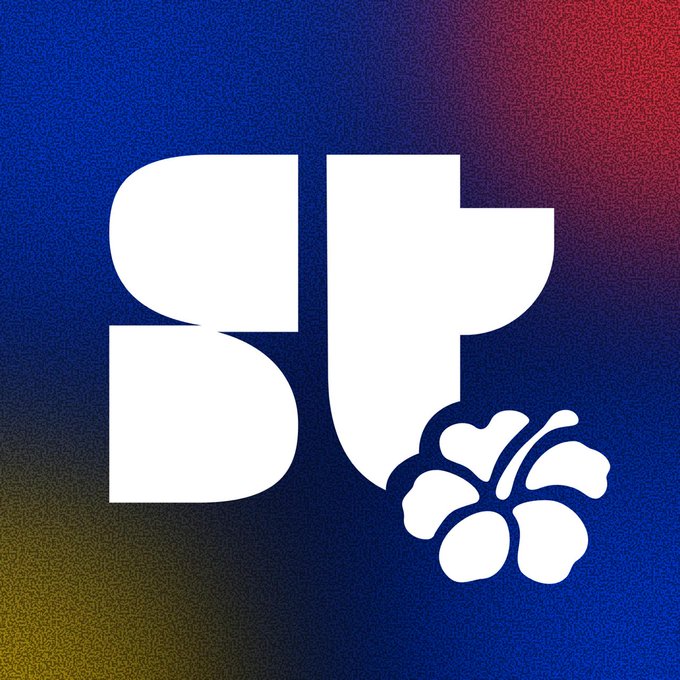 A digital graphic displays a white 'st' monogram next to a white hibiscus flower silhouette on a colorful gradient background blending blue, red, and yellow.