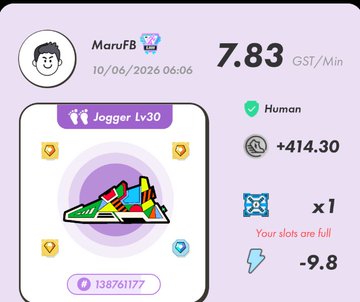 The image shows a white square card displaying information about an activity, likely a fitness or gaming app. The background of the card features a purple gradient and has text printed on its surface that reads "FMB", which could be a user's name or email address. Additionally, there are icons related to the activity being tracked within the app. Some steps for the activity include: "Jogger Lv30", "Human +441.30", and "Your slots are full -9.8". The post includes a list of achievements, such as "stepn" and "#HEAL3 #ヘルスリー uSSF6oVFh1TZvei2UwlG2XVbZy73 (...)", which can be used for tracking progress or rewarding users.