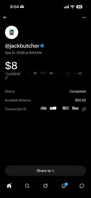 A mobile wallet transaction screen showing a completed $8 payment from @jackbutcher dated Sep 21, 2026 at 6:03 AM, with an available balance of $90.82.