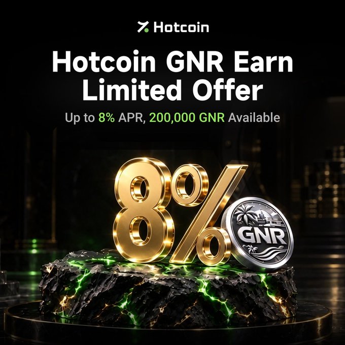 A promotional advertisement for 'Hotcoin GNR Earn Limited Offer' featuring up to 8% APR with 200,000 GNR available, displaying a large golden 8% symbol and a GNR coin on a glowing rock platform.