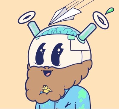 A cartoon character with a transparent head revealing a brain wears hospital headgear with floating discs, a paper airplane flies overhead, and has a beard with a small figure nestled in it.