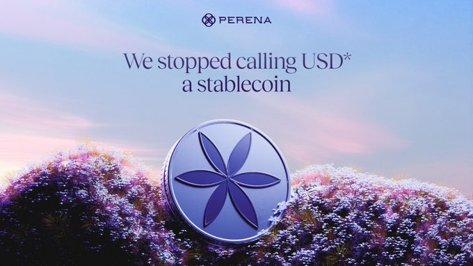 The image shows a promotional graphic for Perena featuring their logo at the top and the text "We stopped calling USD* a stablecoin" displayed against a serene background of purple and pink flowers beneath a pastel sky, with a large Perena coin/token emblem centered in the foreground. The image ties into the post's critique of how the market focuses on stablecoin yields without examining what actually backs them, with Perena positioning USD* as something beyond a traditional stablecoin classification.