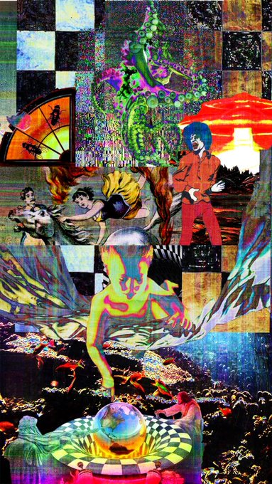 The image features an abstract art piece with a variety of elements, including a person wearing red pants, a bird, a fish, and other objects such as a globe and a clock. The background includes a sunset and a checkered patterned wall. The caption reads "Good morning everyone Last day for Blue Noise for a Red Sun @TeiaCommunity #TeiaWeave event 5 $XTZ I will burn it end of the day".