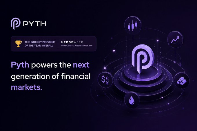 The image features a purple background with various financial icons, including dollar signs and stock symbols, arranged around a central circle. The text at the top reads "@PythNetwork congratulates @PythNetwork on being recognized as Technology Provider of the Year: Overall at the Hedgeweek Global Digital Assets Awards 2026". Below this, there is a list of awards that @PythNetwork has won in the past year.