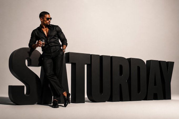 The image features a man dressed in all black standing next to a large block of text that reads "Saturday" written in white letters. The man appears to be posing for the photo, holding a drink in his hand. There are no other people or objects visible in the image, and it seems like an advertisement or promotional material related to the weekend theme.