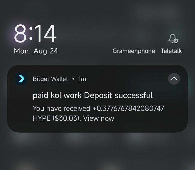 A notification from Bitget Wallet shows a successful deposit of +0.3776767842080747 HYPE ($30.03) for "kol work," marking the user's first payment from Web3 and crediting @Hasan_NFTOX for his guidance on the journey.