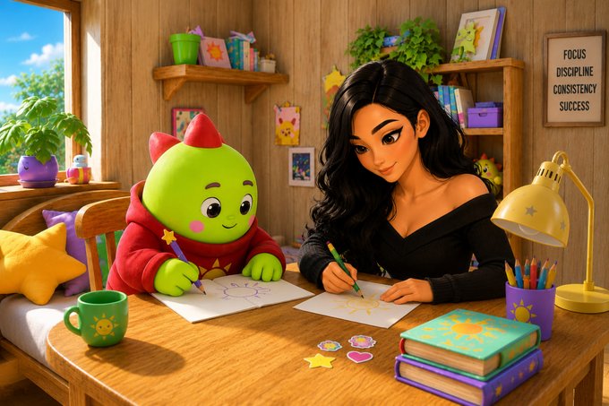 A colorful 3D-style illustration of a young woman with long dark hair drawing at a desk alongside a small green character with a red hat, with a wall sign reading "FOCUS DISCIPLINE CONSISTENCY SUCCESS".