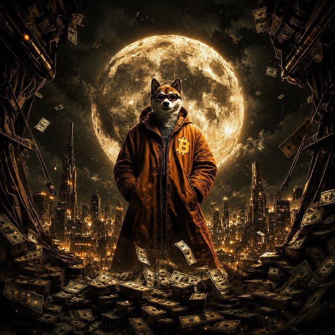 The image features a dog standing in front of a city skyline, with a large full moon behind him. The dog appears to be dressed in an orange coat and sunglasses, giving off a cool and stylish vibe. In the background, there are buildings that seem to be made entirely out of money, creating a surreal and intriguing scene. The caption at the bottom of the image reads "$DOG isn't leaving without a WIN !!! It's all OR nothing". This phrase emphasizes the dog's determination and the importance of winning in this particular situation.