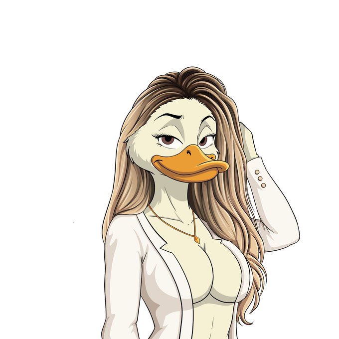 An anthropomorphic duck character with long brown hair, wearing a white blazer and gold necklace, posed against a plain background, matching the Twitter handle @Grumpy_DuckOG referenced in the post about Hedera ($HBAR) onboarding and NFT creation.