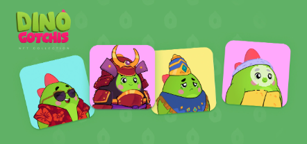 A promotional graphic for "DINO Worlds NFT Collection" showing four colorful cartoon dinosaur avatars on app icons against a bright green background.