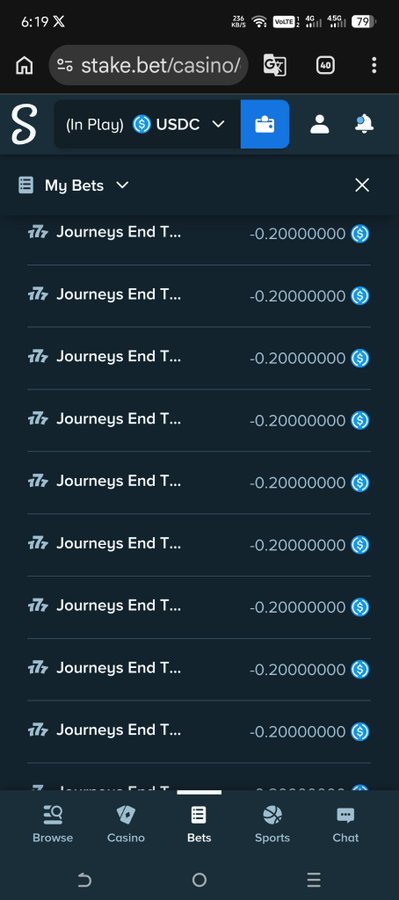 A screenshot from stake.bet/casino showing "My Bets" history with 10 consecutive entries on "Journeys End T..." each with a loss of -0.20000000 USDC. This represents a series of 100 USDC wagers (likely a bonus buy) that have all resulted in losses, prompting the user to announce a giveaway to tip the gambling community.