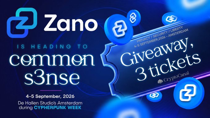 A promotional graphic for Zano announcing a giveaway of 3 tickets to 'CommSense3nse' on 4-5 September 2026 in Amsterdam, sponsored by CryptoCanal.