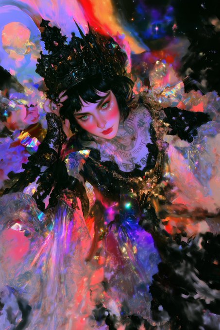 A vibrant, highly stylized digital artwork depicts a pale, dark-haired figure with elaborate makeup, a jeweled crown, and dramatic headpiece, surrounded by an explosion of crystalline colors in purples, pinks, and golds.