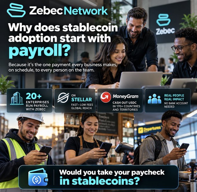 A ZebecNetwork promotional graphic asks “Why does stablecoin adoption start with payroll?” and says it is the one payment every business makes to every person on the team. It highlights “20+ ENTERPRISES RUN PAYROLL WITH ZEBEC,” “ON STELLAR,” “MoneyGram,” “REAL PEOPLE REAL IMPACT,” and asks, “Would you take your paycheck in stablecoins?”