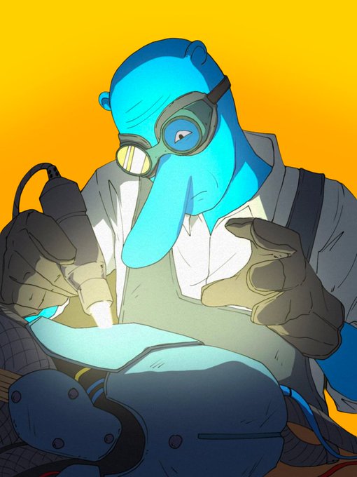 An illustration of a blue-skinned character with a long nose wearing goggles, gloves, and an apron, using a welding tool on a robotic figure against an orange background.