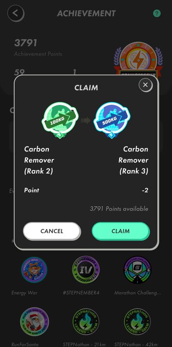 The image shows an achievement tracking app with two badges displayed, one green and one blue, both claiming that they have achieved something. The app also has a claim button at the bottom of the screen, which allows users to confirm their achievements or make new claims.