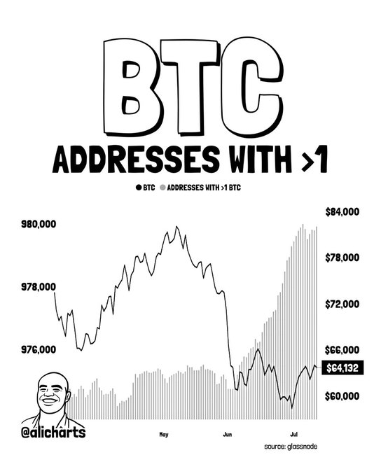 A chart showing BTC addresses with >1 BTC alongside the BTC price over May-July, highlighting that wallet counts have risen from ~976,000 to nearly 980,000 as Bitcoin trades at $64,132, illustrating the ~4,000 new wholecoin holders added since June (source: glassnode, @alicharts).