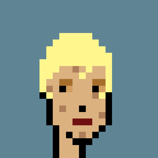 A low-resolution pixel art portrait of a blonde person with short hair against a solid blue background.