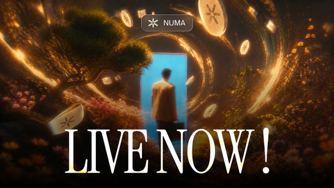 A promotional banner announcing "PREMIUM MINT IS NOW LIVE!" features a person stepping through a glowing portal framed by a swirling vortex of golden light, lush bonsai trees, and floating tokens, with the "NUMA" logo displayed at the top—visually inviting viewers to join the active mint on OpenSea.
