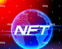The image features a stylized, glowing blue and purple globe with the bold white letters "NFT" prominently displayed across its center, set against a vibrant red background with faint digital text patterns. This visually reinforces the post's message about NFTs extending far beyond digital art to encompass global digital ownership, gaming, community access, and real-world asset tokenization—symbolizing the worldwide impact of non-fungible tokens.