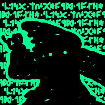 A neon green and black glitch-style graphic features a silhouetted figure wearing a wizard hat, overlaid with repeating ornate runic text reminiscent of Bitcoin Ordinals inscriptions like "19D0'1FTH", visually embodying the cryptic "Bitcoin Wizards #915–#917" inscription drop teased in the post.