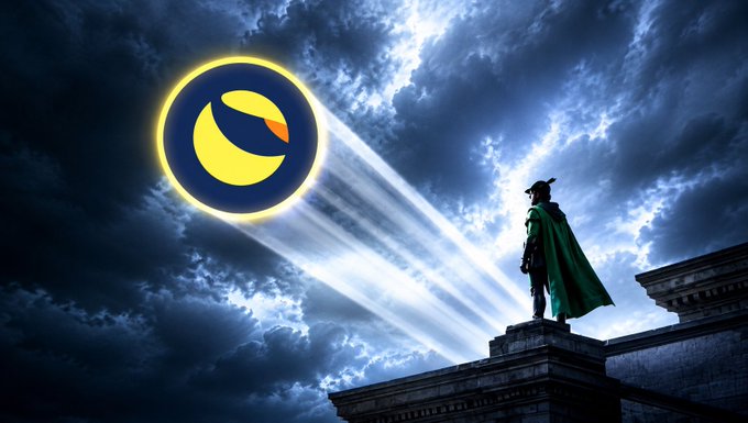 A lone warrior with a green cape stands on a stone battlement beneath a dramatic cloudy sky, gazing up at a glowing emblem featuring the Terra Luna Classic ($LUNC) logo as beams of light stream down from it. The image evokes a heroic, watchful guardian surveying the crypto project from above.