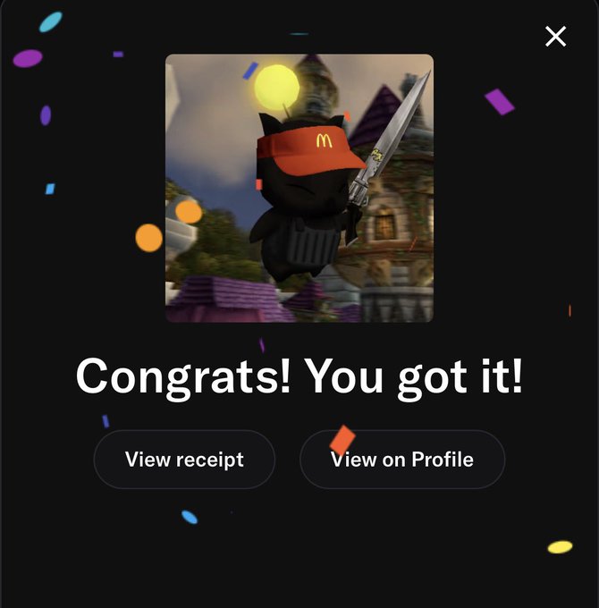 A digital receipt pop-up with confetti that reads 'Congrats! You got it!' featuring a black character wearing a McDonald's visor and holding a sword, with buttons to 'View receipt' and 'View on Profile'.