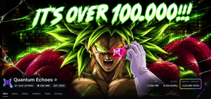 A promotional graphic for a token called 'Quantum Echoes' showing a Dragon Ball character with green hair reaching over 100,000 holders, displaying stats like '1,256,789' market cap and '8,432 (0.8%)' listed.