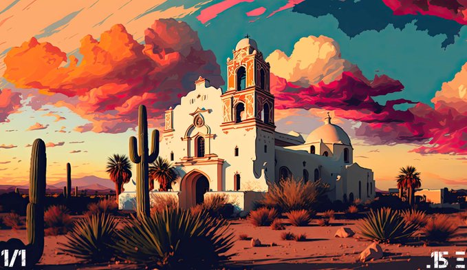 A stylized digital illustration of a white Spanish colonial-style church with a bell tower in a desert landscape featuring cacti and a dramatic orange and pink cloudy sky.