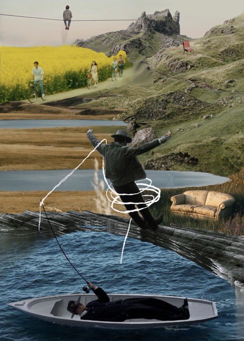 A surrealist collage showing a man in a hat balancing on a log over water while fishing for another man in a boat, with cyclists and a sofa in a pastoral landscape.