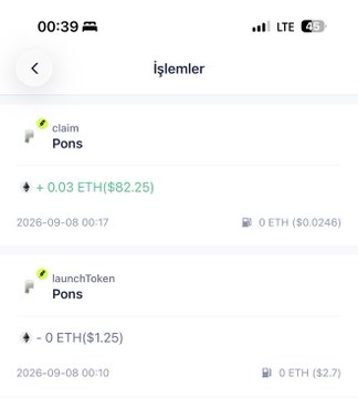 A mobile app screenshot in Turkish ('İşlemler') showing crypto transaction history for a token called 'Pons,' including a claim of +0.03 ETH ($82.25) and a launchToken entry with 0 ETH ($1.25).