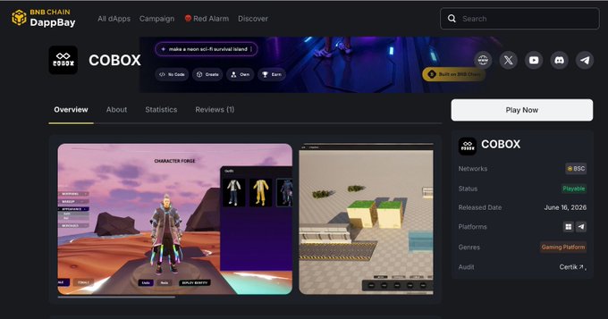 The image shows a screenshot of a website called CoBox, which has a black background with purple and yellow elements. The text on the screen indicates that the site is now live and suggests that users should check out the App Campaign Coming Soon. This information aligns with the caption provided, "COBOX is now live on @BNBChain DappBay. And we're just getting started. Quest Campaign Coming Soon Built on BNB Chain 1200 ?".