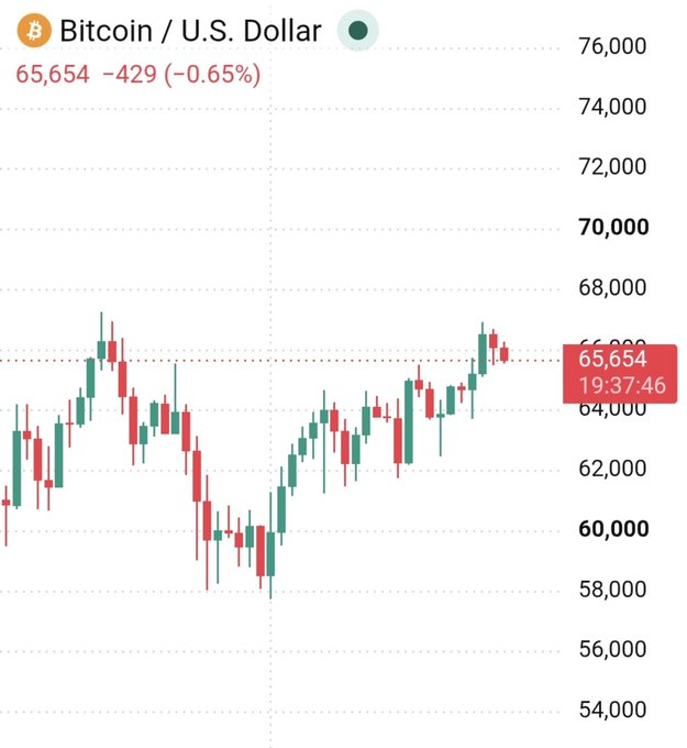 A candlestick chart showing the Bitcoin/U.S. Dollar price at 65,654, down 429 (0.65%), as of 19:37:46.