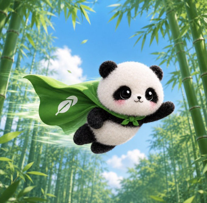 A cute, fluffy panda wearing a green leaf cape flies through a bamboo forest against a bright blue sky.