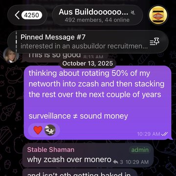 A Telegram chat screenshot shows a conversation about cryptocurrency, with a user mentioning 'thinking about rotating 50% of my networth into zcash' and another asking 'why zcash over monero'.