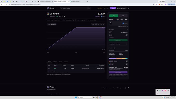 A screenshot of the Arca platform (Arcabot) showing a trading chart with a +99.05% change for ARCA/BOT pair priced at $2.52K.
