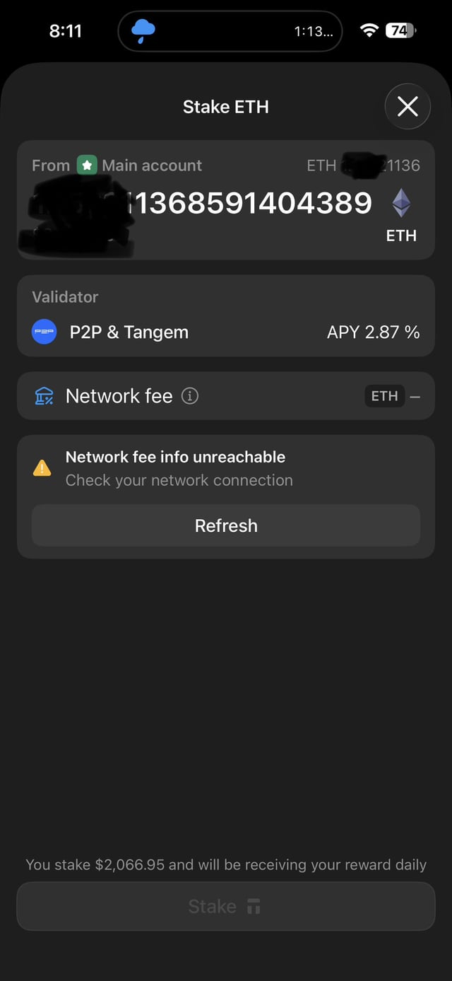 The image shows a phone screen with an error message displayed, possibly related to staking ether coins or a cryptocurrency wallet. The text indicates that the wallet has been "refreshed" but does not provide further information about the specific issue encountered by the user.