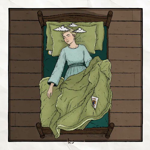 A person with clouds above their head sleeps peacefully in a wooden bed under a green blanket, with a small card resting on the covers. The illustration, titled "✧ First Night ✧" by @sariramerikhi, was sold as an NFT for 0.5 ETH ($1,239.39) through the $RARE platform.