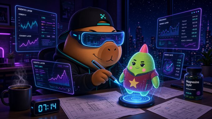 A digital illustration of a bear character wearing a black cap and glowing blue VR headset, using a stylus to interact with a glowing green holographic character, surrounded by trading data screens labeled "AGENTIC LAYER" and "MAGIC LAYER."