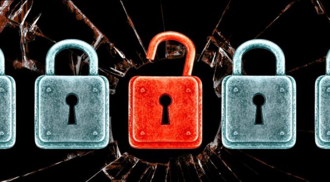 A row of padlocks against a cracked dark background, with one red unlocked padlock standing out among several locked silver ones.